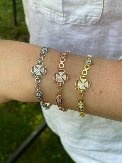HarlemBling Real 925 Silver / Yellow Rose Gold Four Leaf Clover Evil Eye Infinity Bracelet