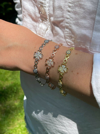 HarlemBling Real 925 Silver / Yellow Rose Gold Four Leaf Clover Evil Eye Infinity Bracelet