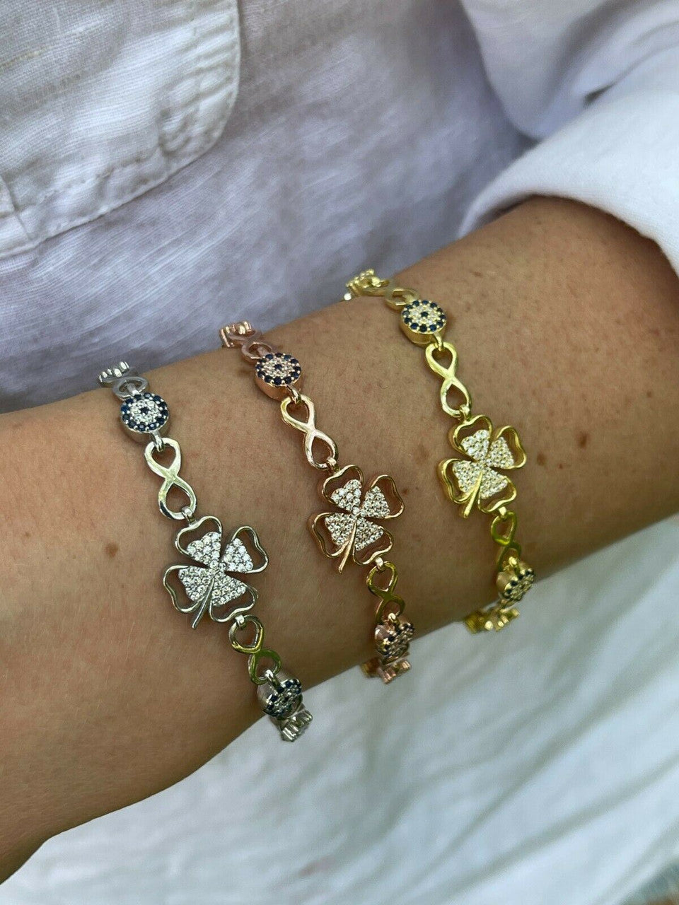 HarlemBling Real 925 Silver / Yellow Rose Gold Four Leaf Clover Evil Eye Infinity Bracelet