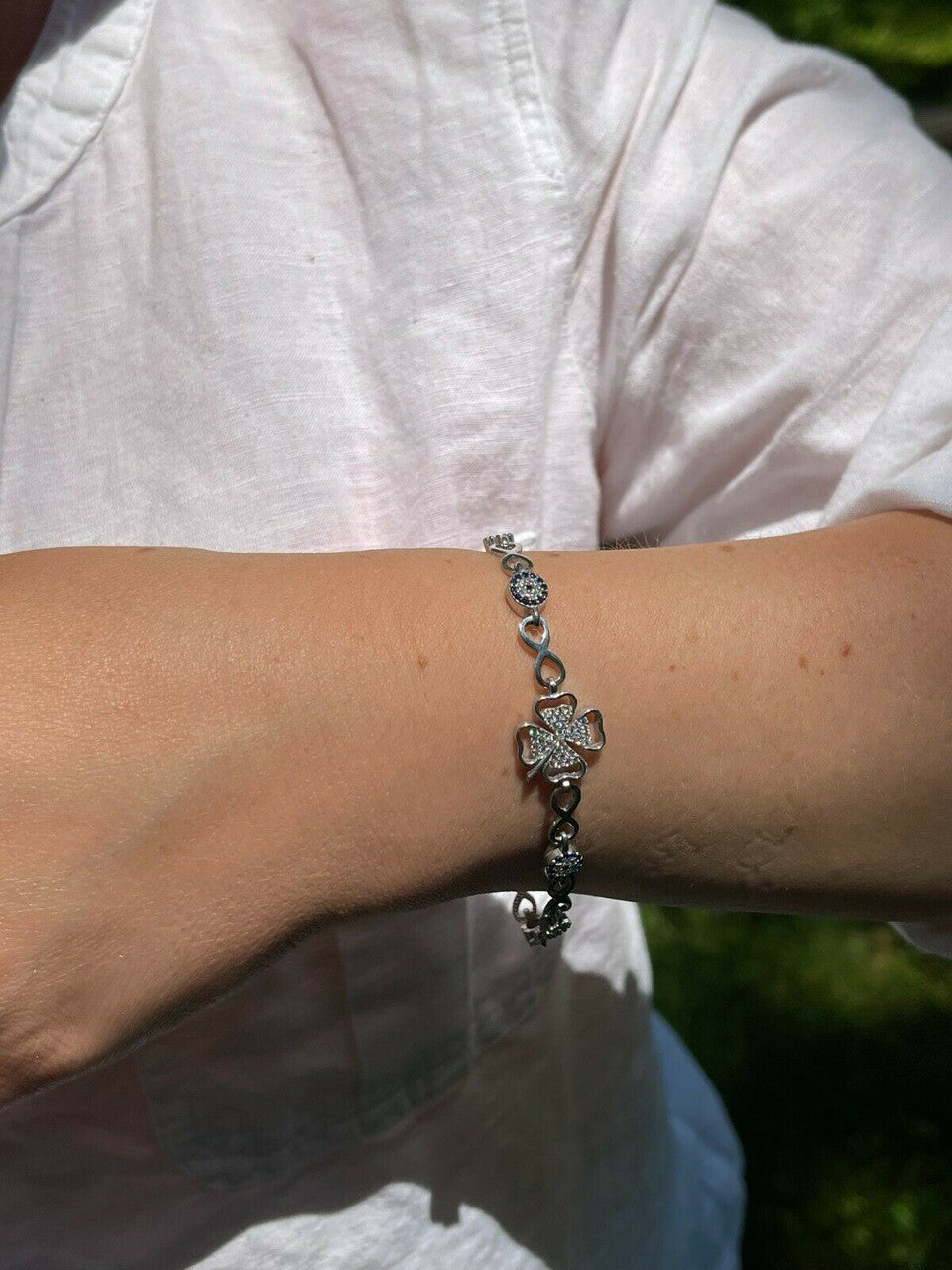 HarlemBling Real 925 Silver / Yellow Rose Gold Four Leaf Clover Evil Eye Infinity Bracelet