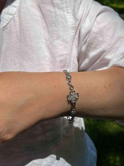 HarlemBling Real 925 Silver / Yellow Rose Gold Four Leaf Clover Evil Eye Infinity Bracelet