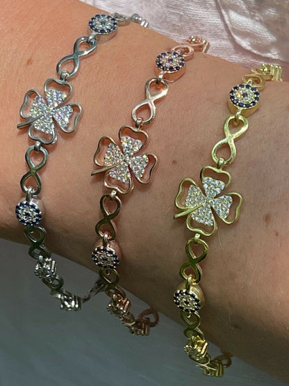 HarlemBling Real 925 Silver / Yellow Rose Gold Four Leaf Clover Evil Eye Infinity Bracelet