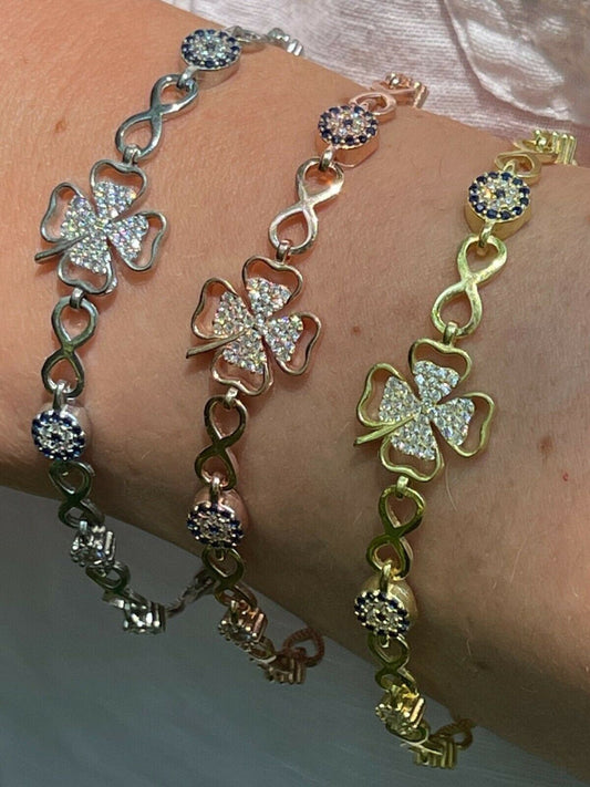 HarlemBling Real 925 Silver / Yellow Rose Gold Four Leaf Clover Evil Eye Infinity Bracelet