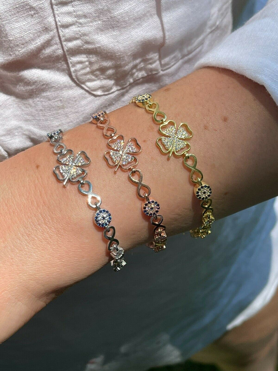 HarlemBling Real 925 Silver / Yellow Rose Gold Four Leaf Clover Evil Eye Infinity Bracelet