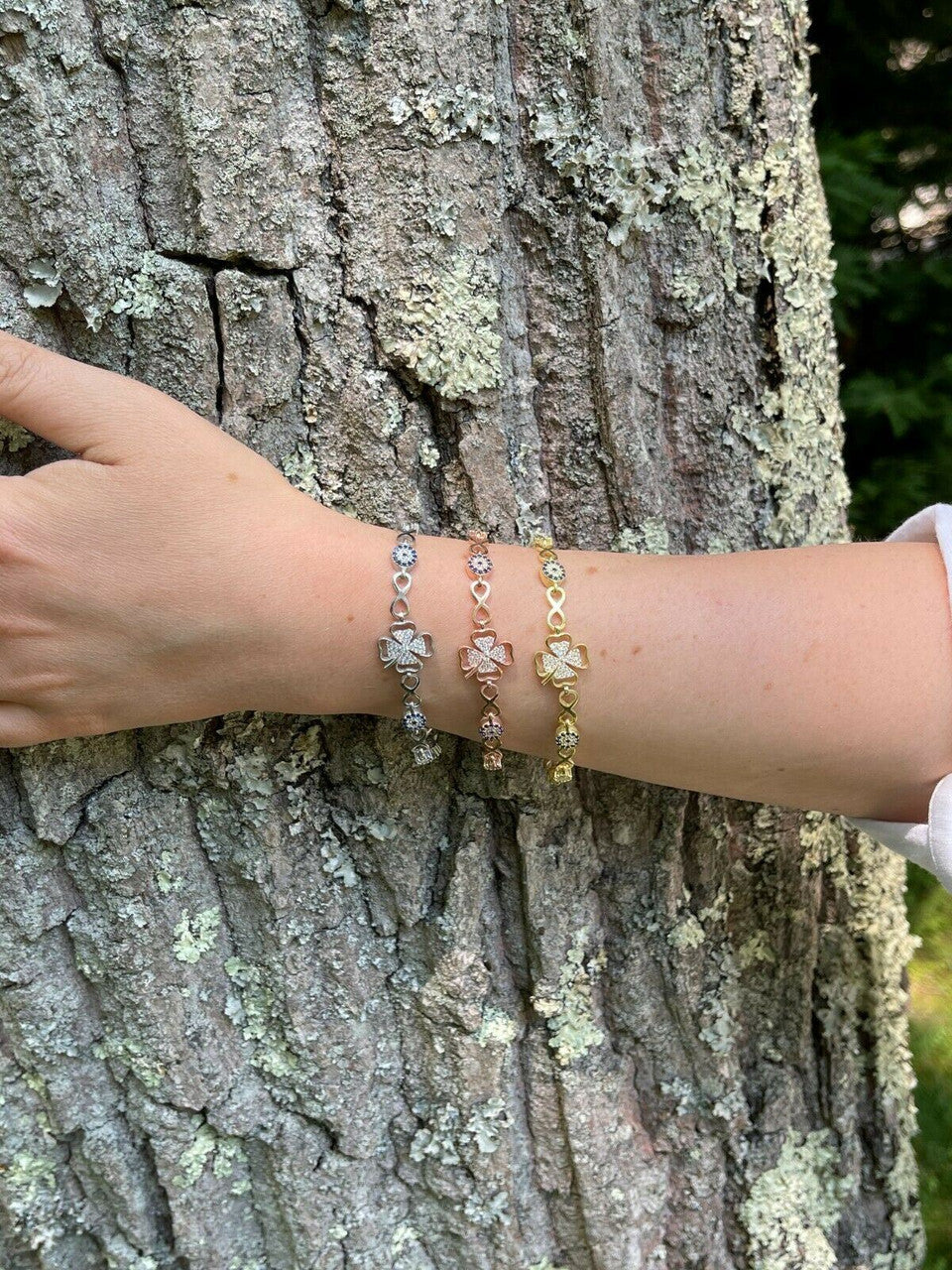 HarlemBling Real 925 Silver / Yellow Rose Gold Four Leaf Clover Evil Eye Infinity Bracelet