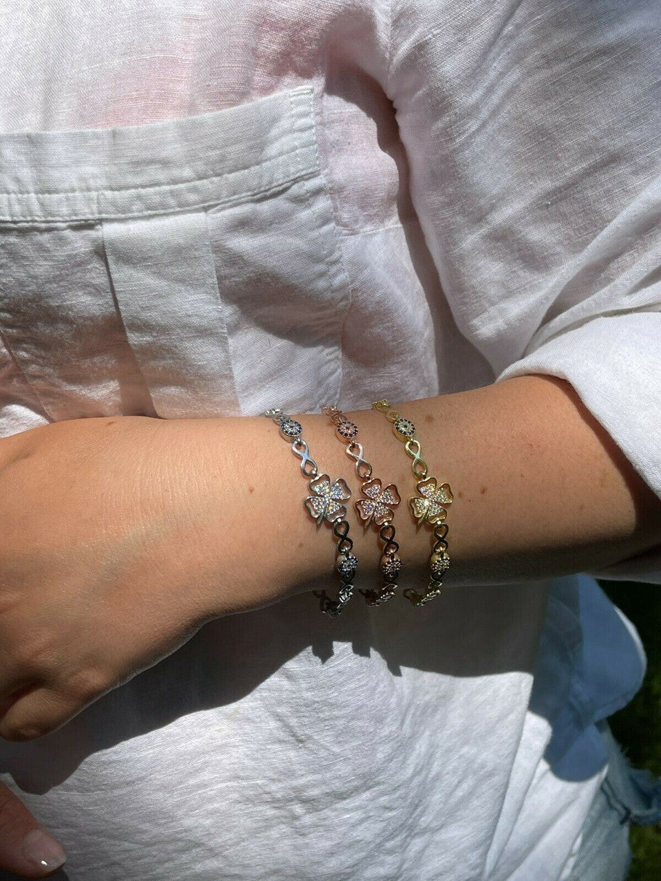 HarlemBling Real 925 Silver / Yellow Rose Gold Four Leaf Clover Evil Eye Infinity Bracelet