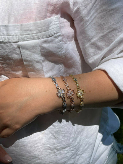HarlemBling Real 925 Silver / Yellow Rose Gold Four Leaf Clover Evil Eye Infinity Bracelet