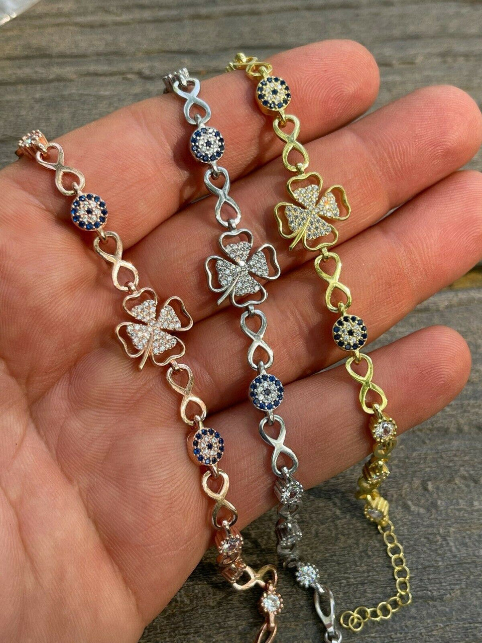 HarlemBling Real 925 Silver / Yellow Rose Gold Four Leaf Clover Evil Eye Infinity Bracelet