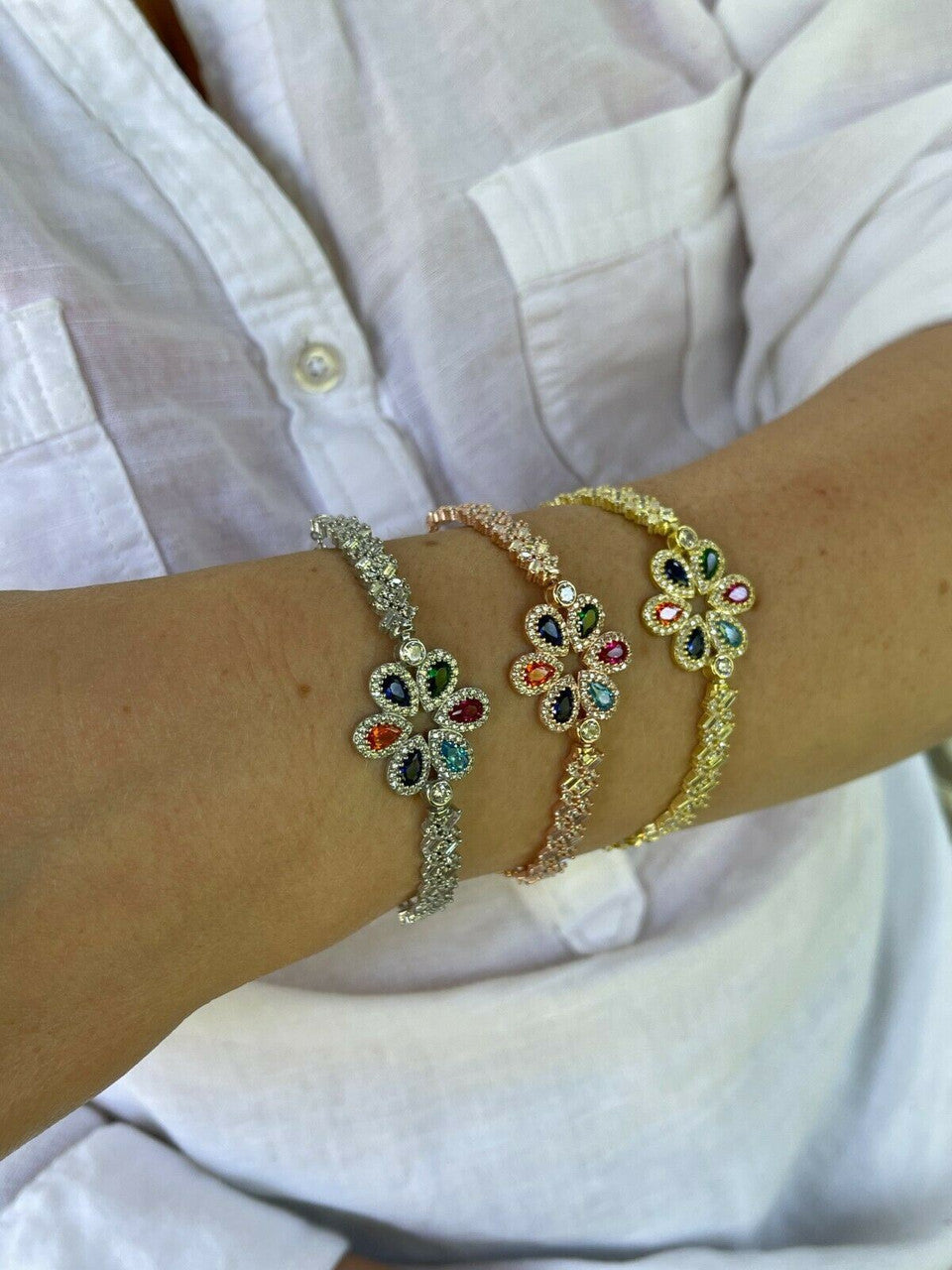 HarlemBling Real 925 Silver / Yellow Rose Gold Multicolor Flower CZ Sapphire Ladies Bracelet