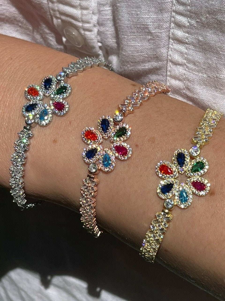 HarlemBling Real 925 Silver / Yellow Rose Gold Multicolor Flower CZ Sapphire Ladies Bracelet