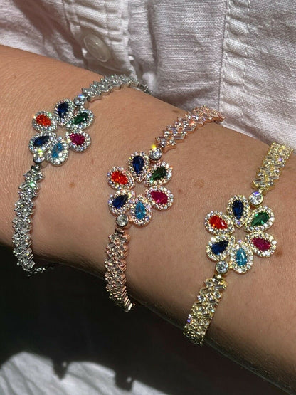 HarlemBling Real 925 Silver / Yellow Rose Gold Multicolor Flower CZ Sapphire Ladies Bracelet
