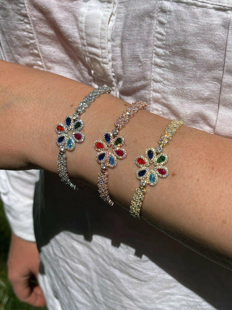 HarlemBling Real 925 Silver / Yellow Rose Gold Multicolor Flower CZ Sapphire Ladies Bracelet