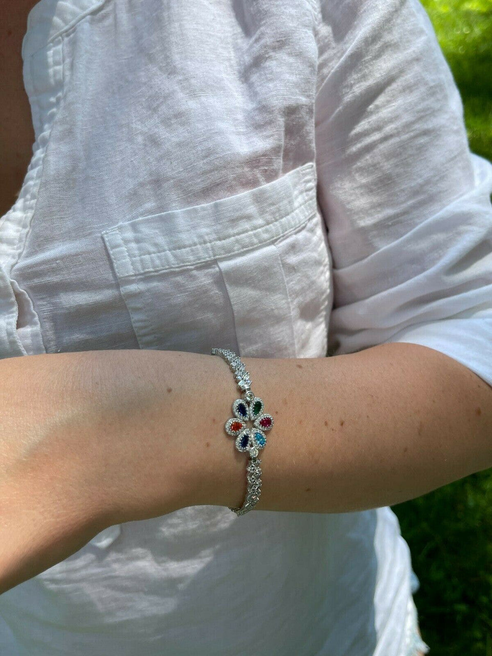 HarlemBling Real 925 Silver / Yellow Rose Gold Multicolor Flower CZ Sapphire Ladies Bracelet