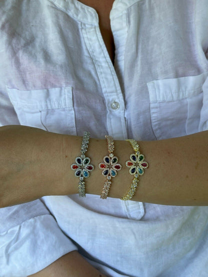 HarlemBling Real 925 Silver / Yellow Rose Gold Multicolor Flower CZ Sapphire Ladies Bracelet