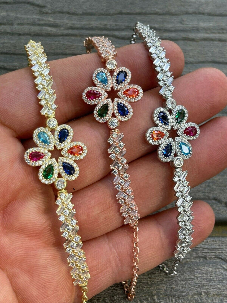 HarlemBling Real 925 Silver / Yellow Rose Gold Multicolor Flower CZ Sapphire Ladies Bracelet