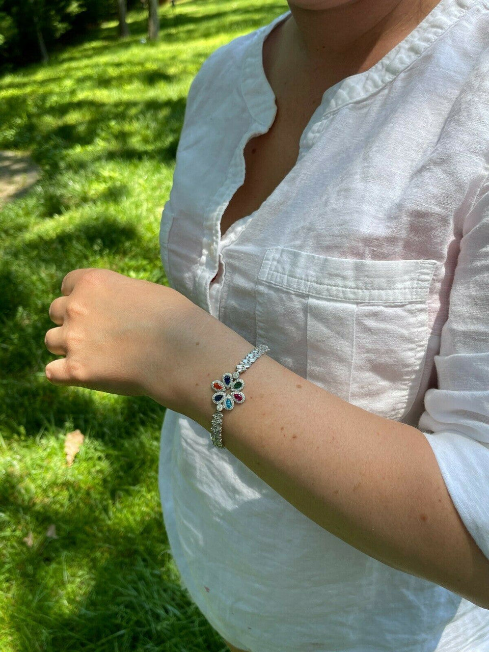 HarlemBling Real 925 Silver / Yellow Rose Gold Multicolor Flower CZ Sapphire Ladies Bracelet