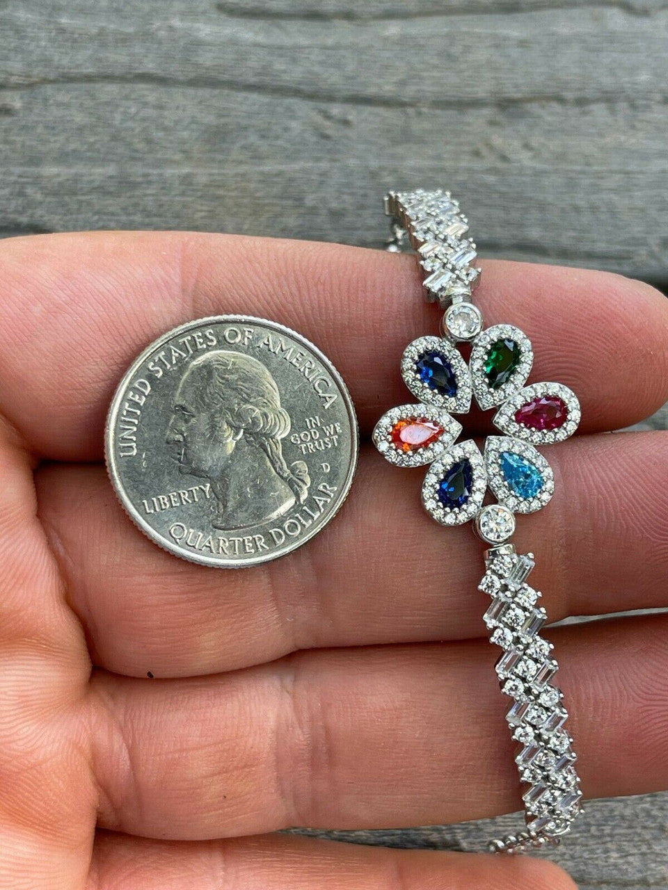 HarlemBling Real 925 Silver / Yellow Rose Gold Multicolor Flower CZ Sapphire Ladies Bracelet