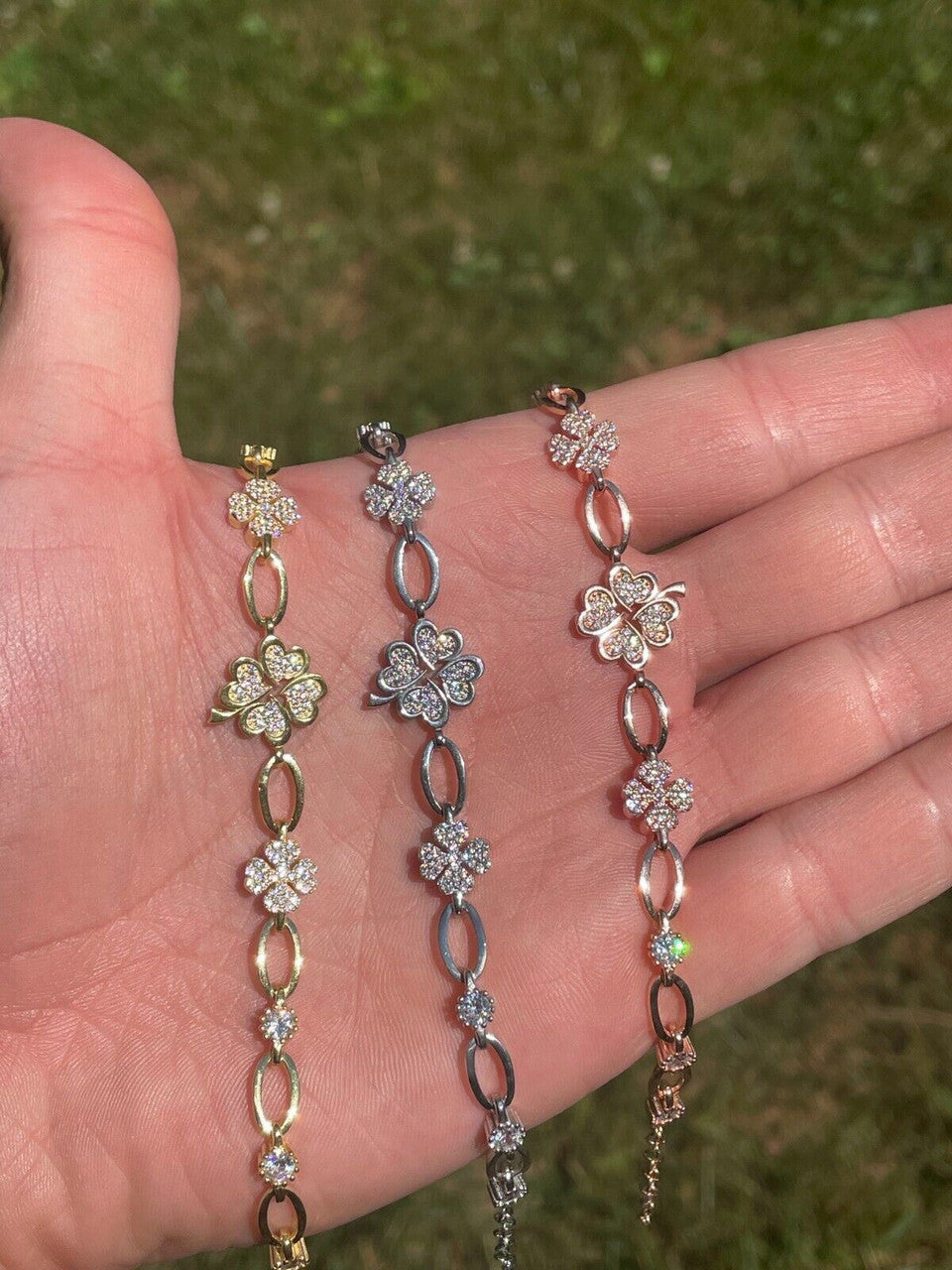 HarlemBling Real 925 Silver Yellow Rose Gold Plated Four Leaf Clover Iced Crystal Bracelet