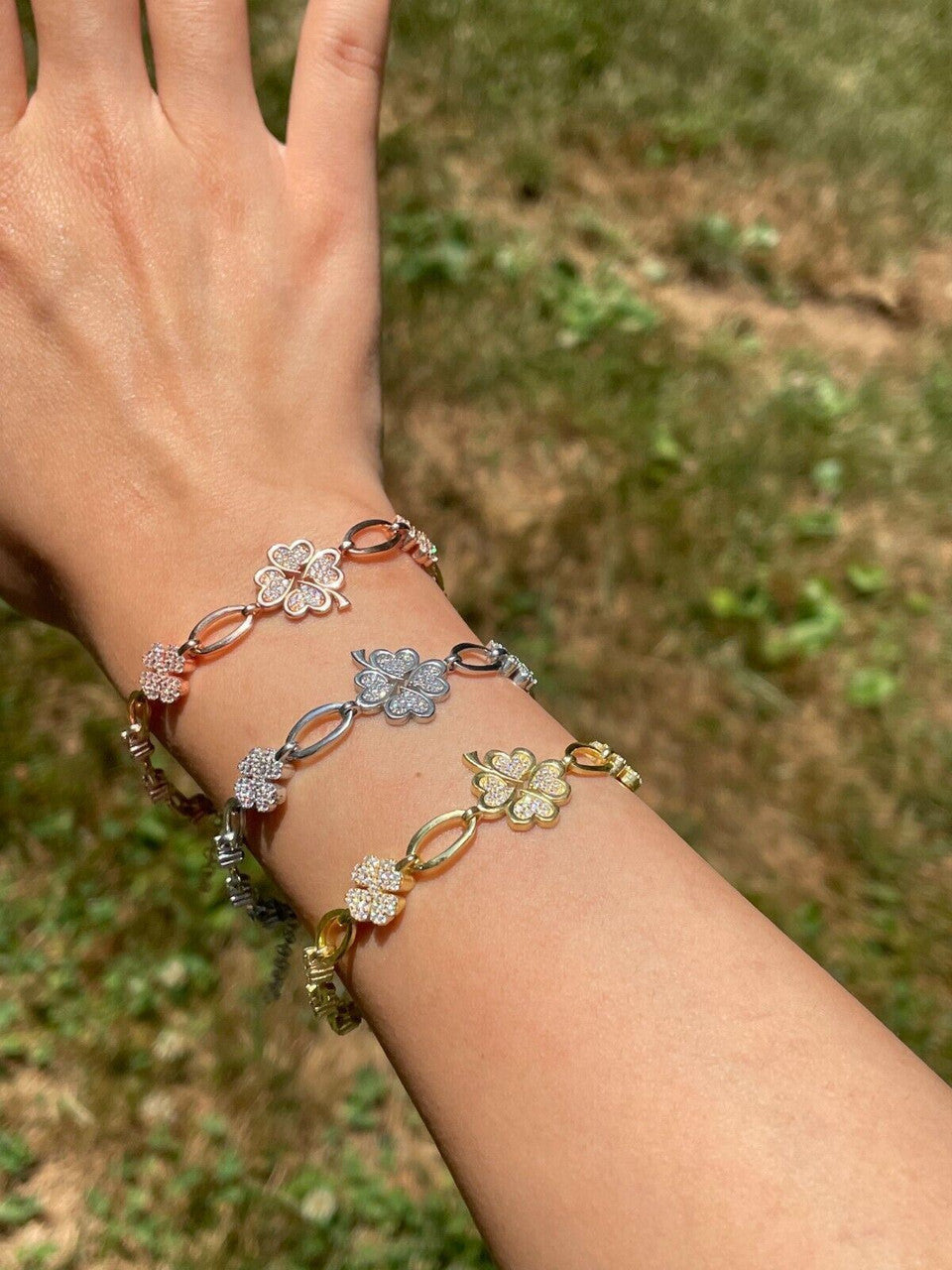 HarlemBling Real 925 Silver Yellow Rose Gold Plated Four Leaf Clover Iced Crystal Bracelet