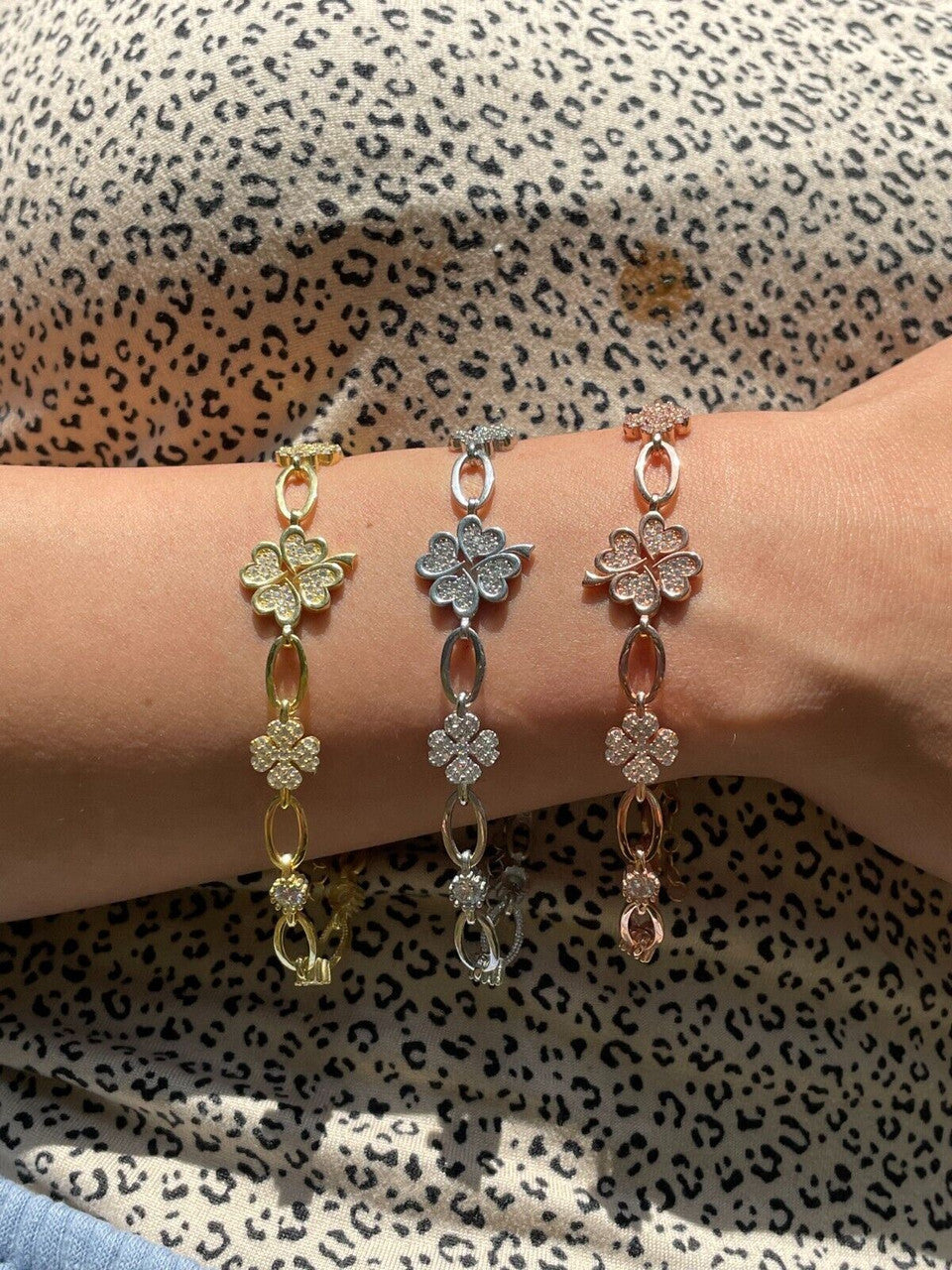 HarlemBling Real 925 Silver Yellow Rose Gold Plated Four Leaf Clover Iced Crystal Bracelet