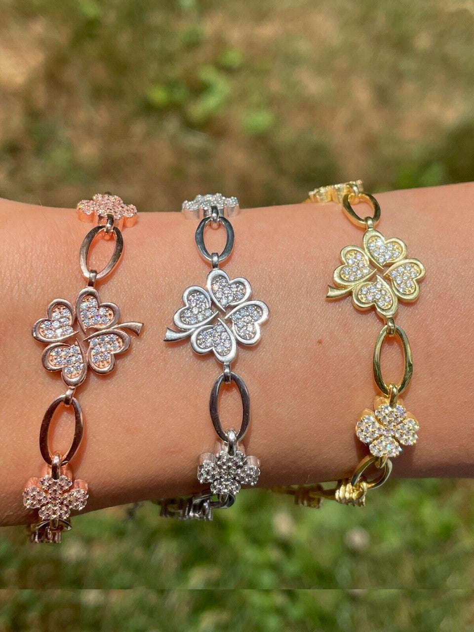 HarlemBling Real 925 Silver Yellow Rose Gold Plated Four Leaf Clover Iced Crystal Bracelet