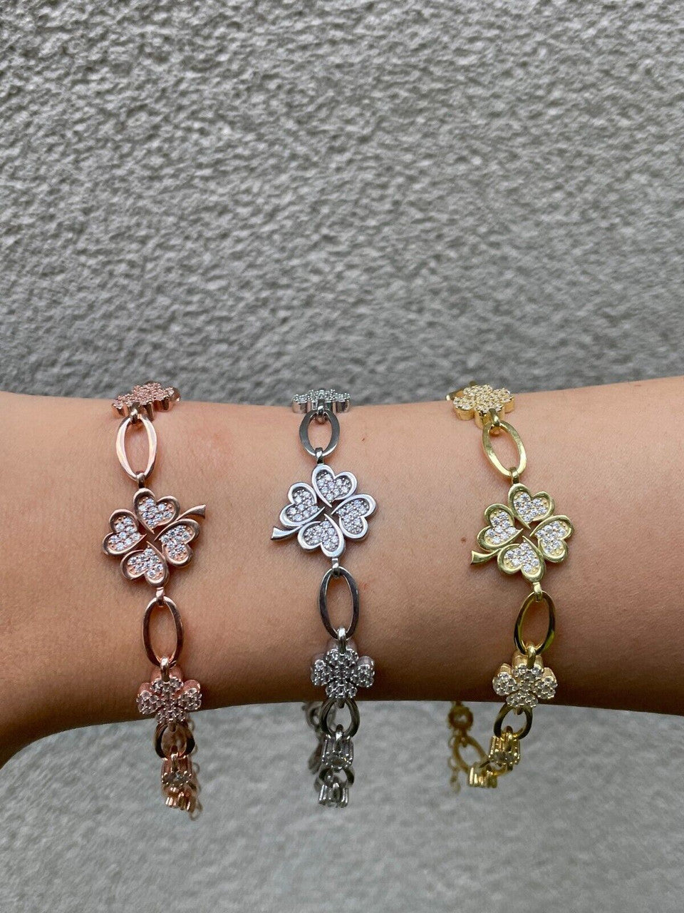 HarlemBling Real 925 Silver Yellow Rose Gold Plated Four Leaf Clover Iced Crystal Bracelet