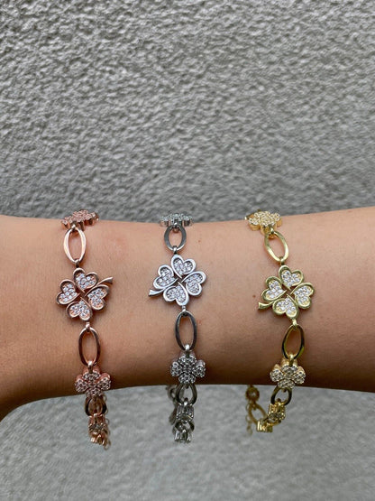 HarlemBling Real 925 Silver Yellow Rose Gold Plated Four Leaf Clover Iced Crystal Bracelet