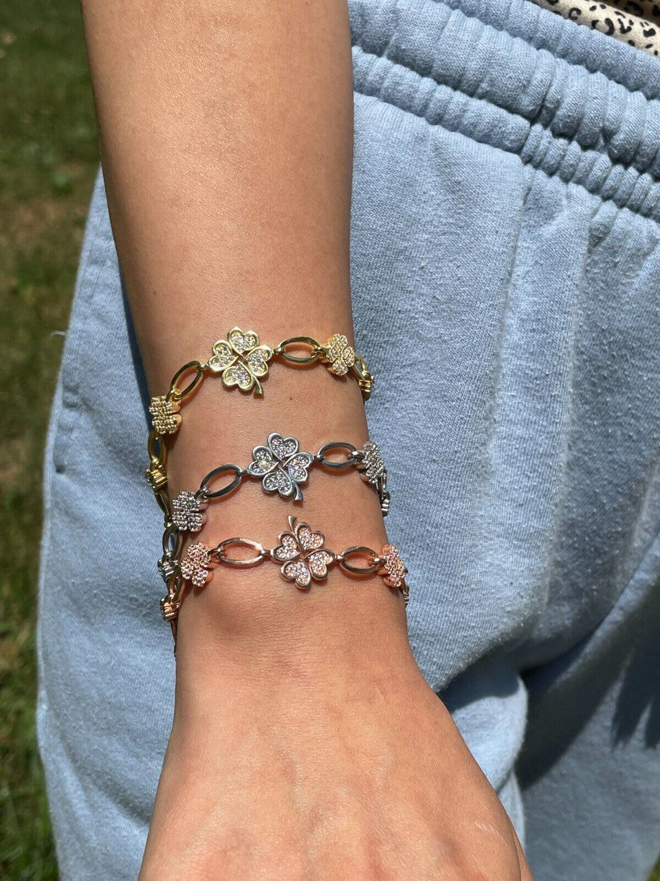 HarlemBling Real 925 Silver Yellow Rose Gold Plated Four Leaf Clover Iced Crystal Bracelet