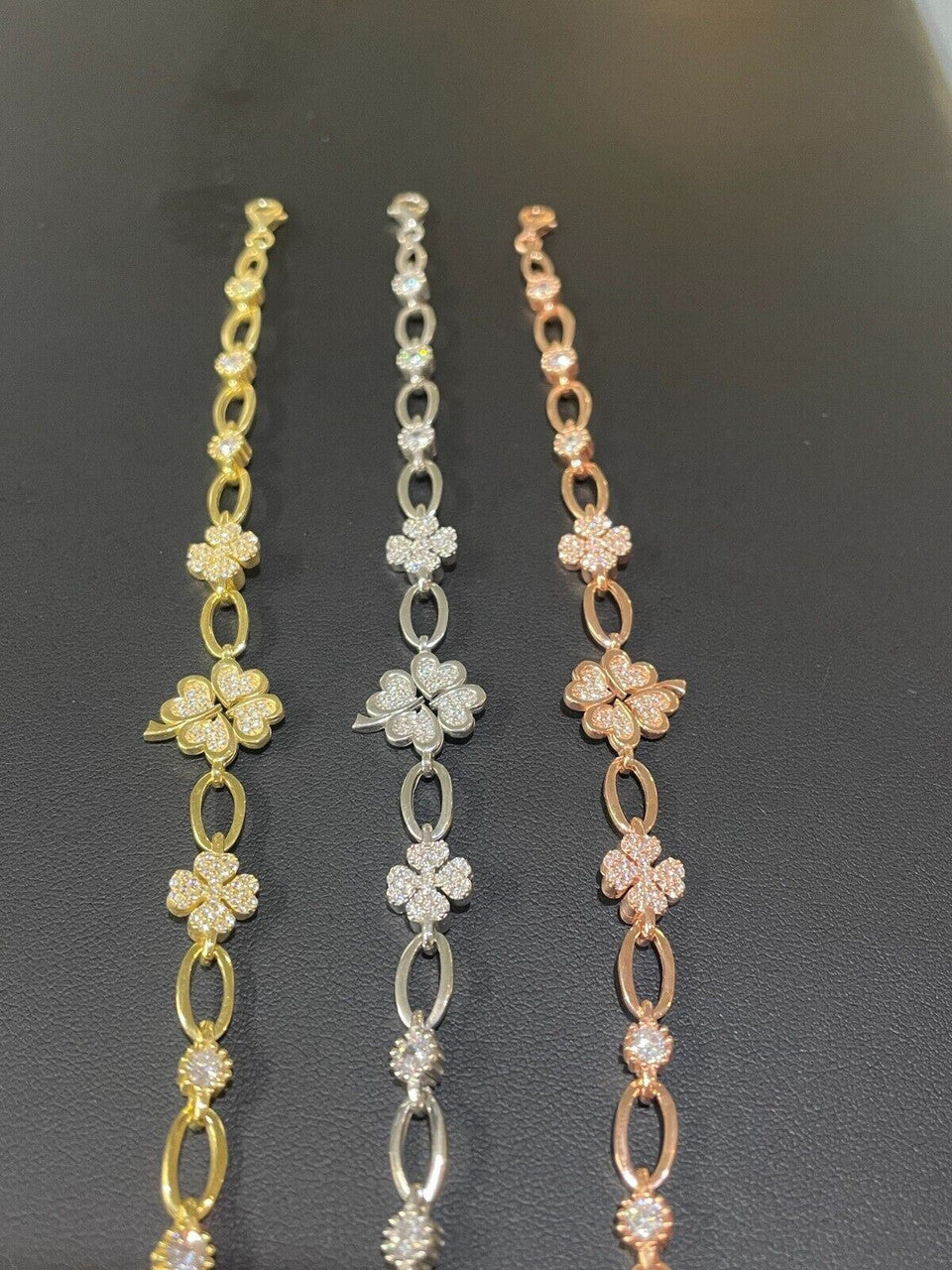 HarlemBling Real 925 Silver Yellow Rose Gold Plated Four Leaf Clover Iced Crystal Bracelet