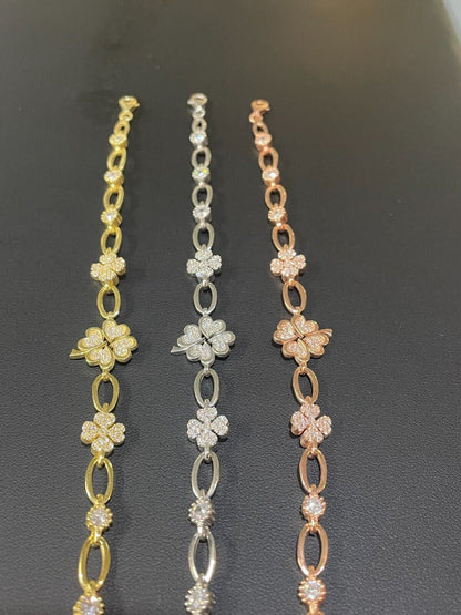 HarlemBling Real 925 Silver Yellow Rose Gold Plated Four Leaf Clover Iced Crystal Bracelet