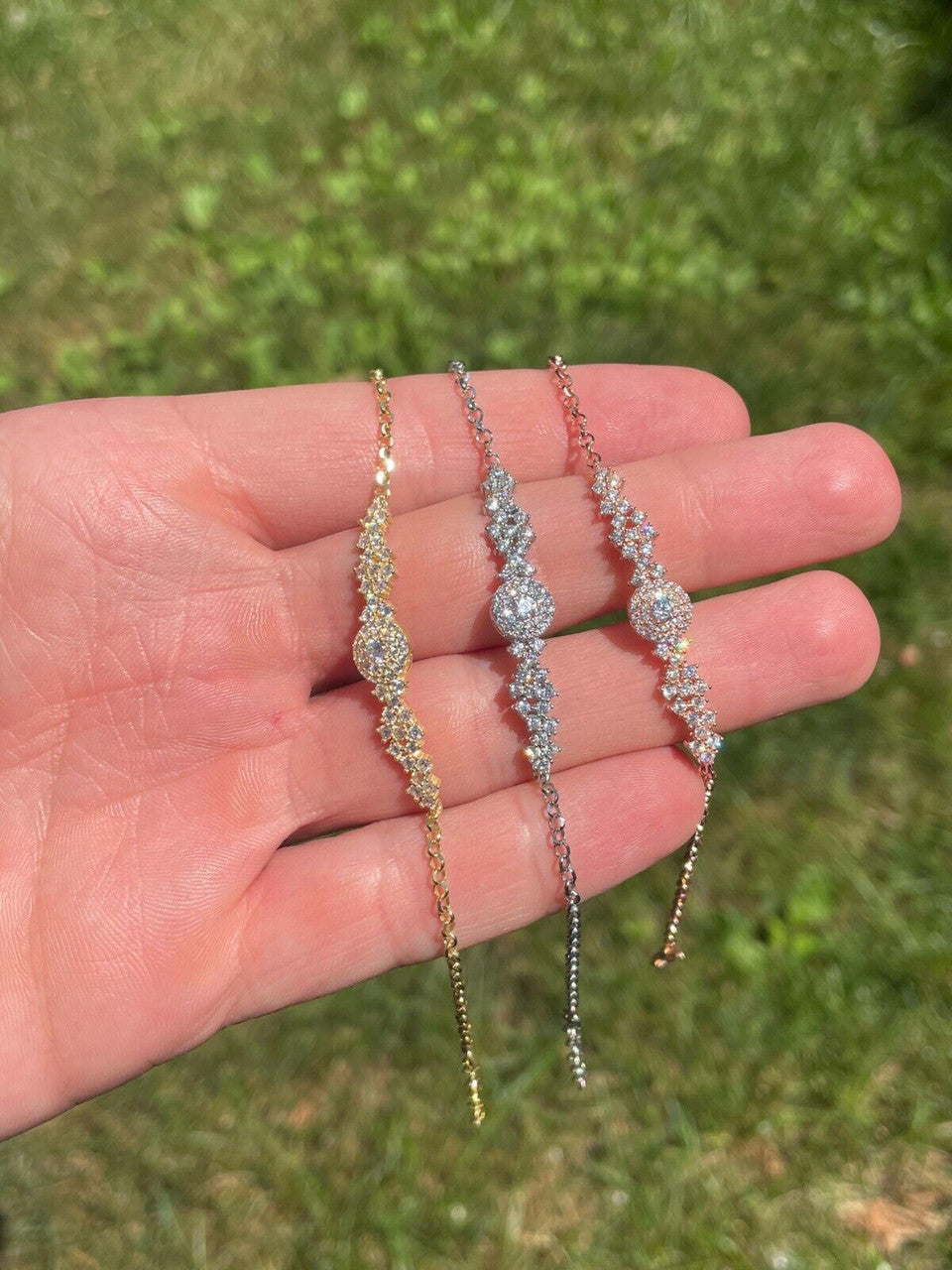 HarlemBling Real 925 Silver Yellow Rose Gold Plated Iced Cluster Solitaire Crystal Bracelet