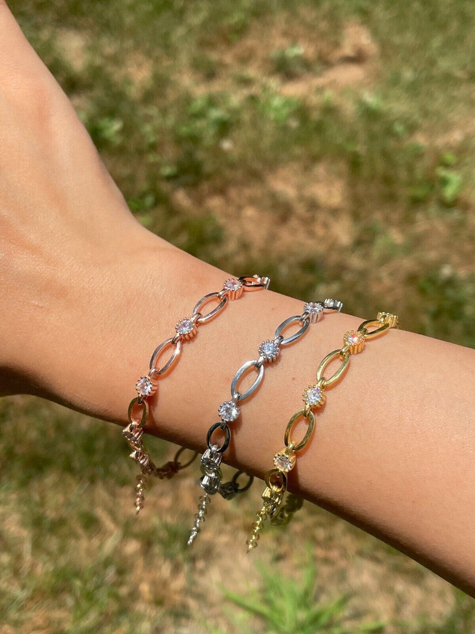 HarlemBling Real 925 Silver Yellow Rose Gold Plated Paperclip W/ Stone Iced Crystal Bracelet