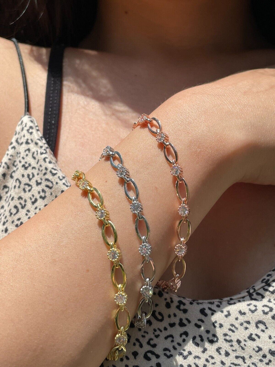 HarlemBling Real 925 Silver Yellow Rose Gold Plated Paperclip W/ Stone Iced Crystal Bracelet