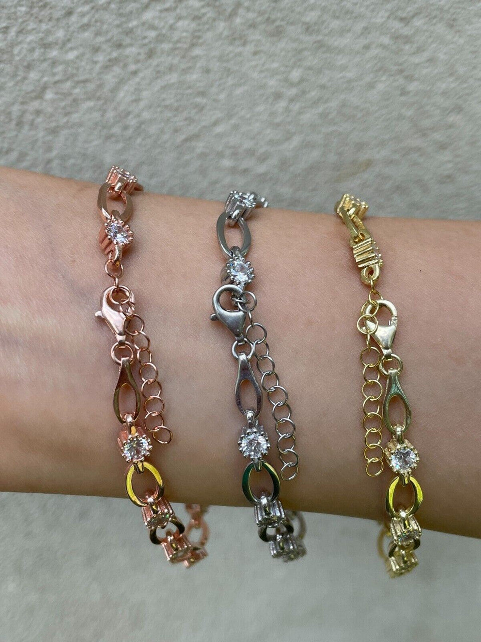 HarlemBling Real 925 Silver Yellow Rose Gold Plated Paperclip W/ Stone Iced Crystal Bracelet