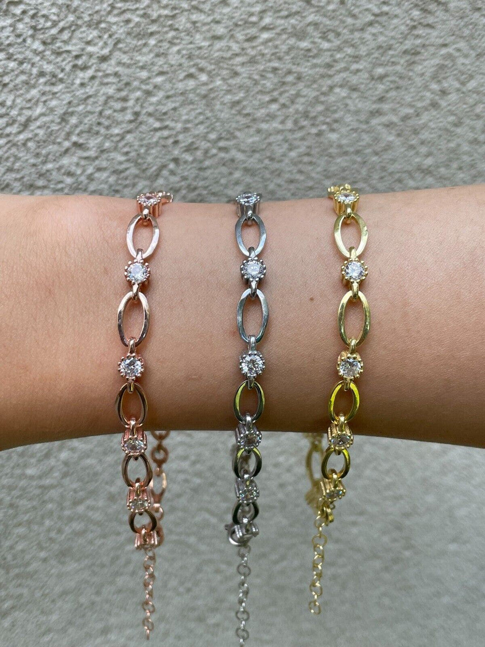 HarlemBling Real 925 Silver Yellow Rose Gold Plated Paperclip W/ Stone Iced Crystal Bracelet