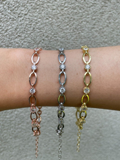 HarlemBling Real 925 Silver Yellow Rose Gold Plated Paperclip W/ Stone Iced Crystal Bracelet