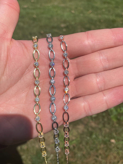 HarlemBling Real 925 Silver Yellow Rose Gold Plated Paperclip W/ Stone Iced Crystal Bracelet