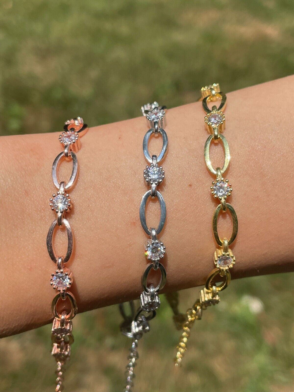 HarlemBling Real 925 Silver Yellow Rose Gold Plated Paperclip W/ Stone Iced Crystal Bracelet