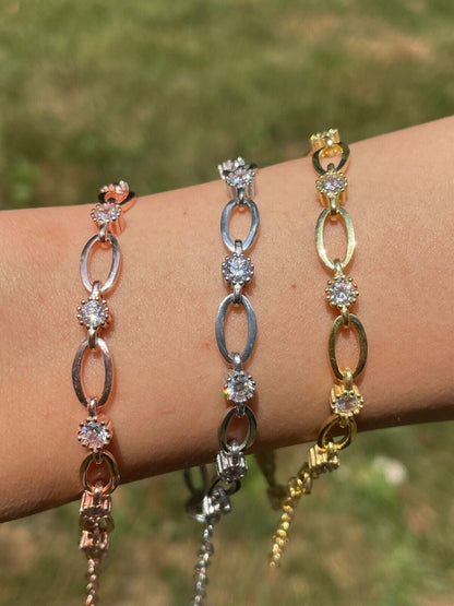 HarlemBling Real 925 Silver Yellow Rose Gold Plated Paperclip W/ Stone Iced Crystal Bracelet