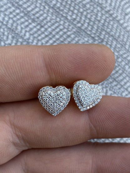 HarlemBling Real 925 Sterling Silver 14k Gold Finish Heart Shape Earrings Studs Iced Diamond