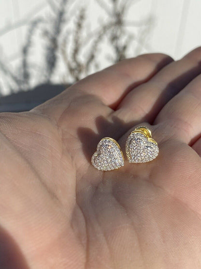 HarlemBling Real 925 Sterling Silver 14k Gold Finish Heart Shape Earrings Studs MOISSANITE