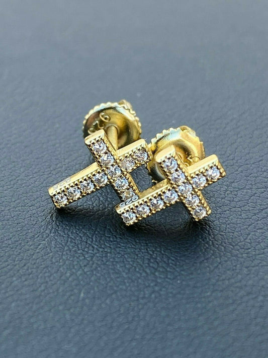 HarlemBling Real 925 Sterling Silver 14k Gold Finish Men Ladies Cross Earrings Studs Iced CZ