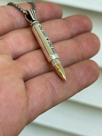 HarlemBling Real 925 Sterling Silver 14k Gold Gun Bullet ONE SHOT ONE KILL Pendant Necklace