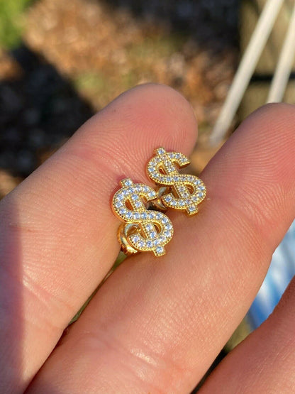 HarlemBling Real 925 Sterling Silver 14k Gold Men Ladies Dollar Sign dollar Earrings Studs Iced