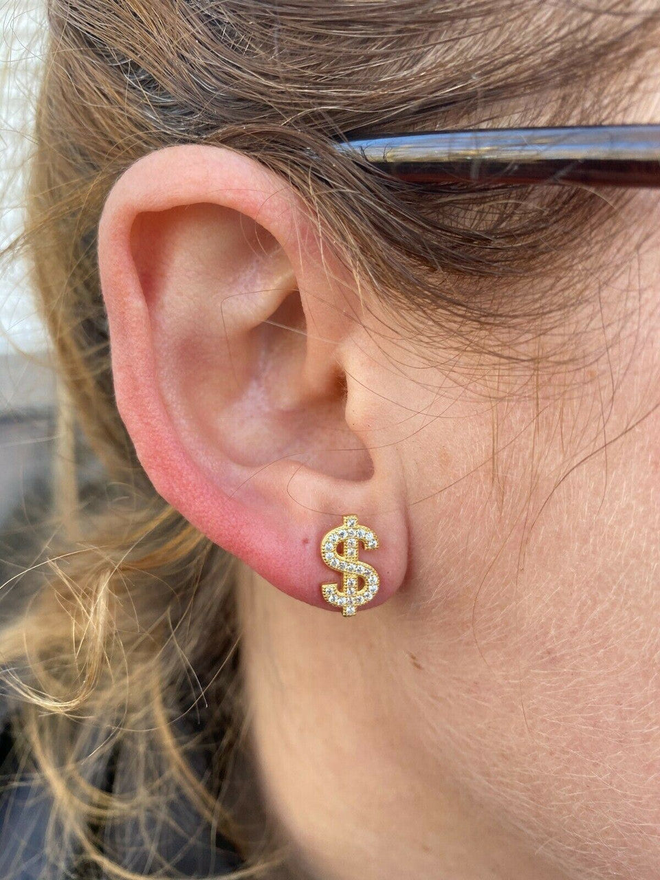 HarlemBling Real 925 Sterling Silver 14k Gold Men Ladies Dollar Sign dollar Earrings Studs Iced