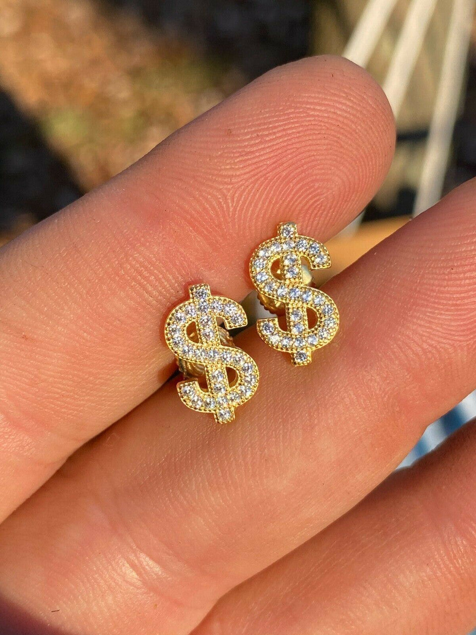 HarlemBling Real 925 Sterling Silver 14k Gold Men Ladies Dollar Sign dollar Earrings Studs Iced