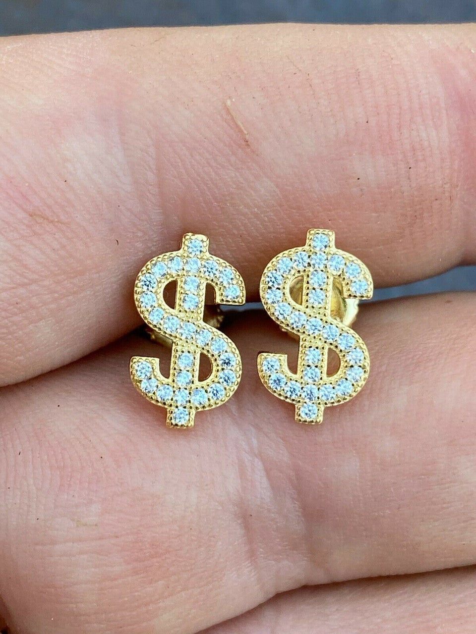 HarlemBling Real 925 Sterling Silver 14k Gold Men Ladies Dollar Sign dollar Earrings Studs Iced