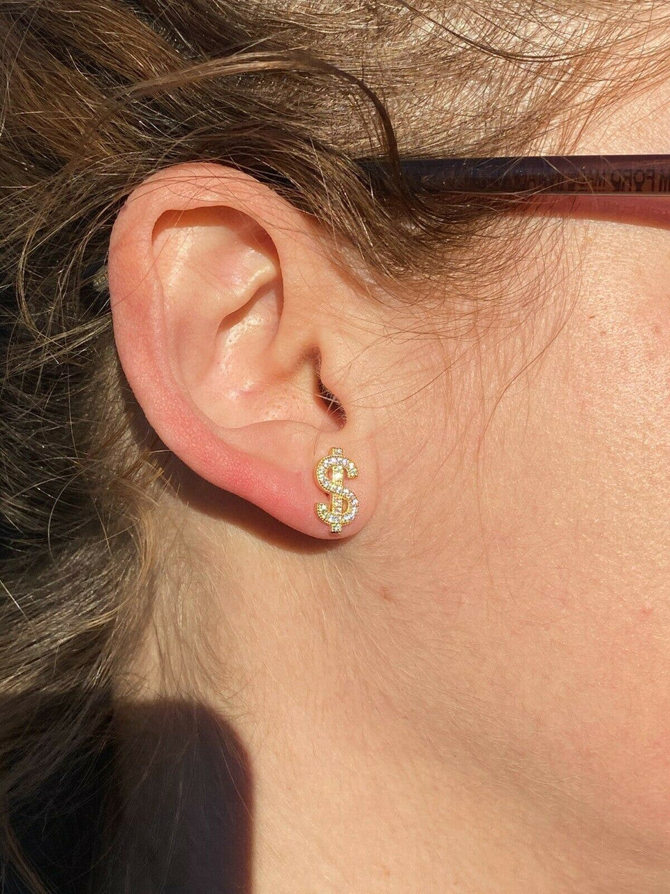 HarlemBling Real 925 Sterling Silver 14k Gold Men Ladies Dollar Sign dollar Earrings Studs Iced