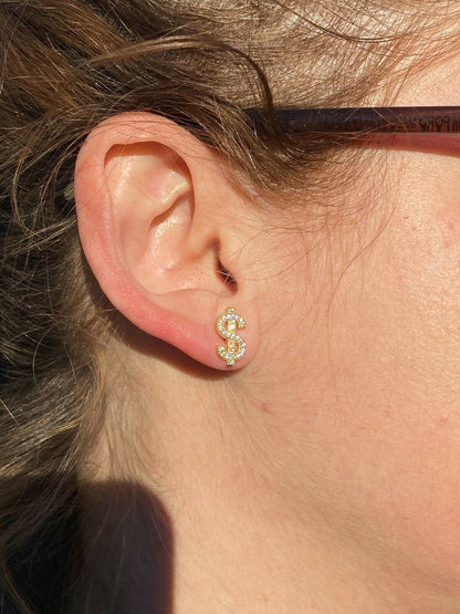 HarlemBling Real 925 Sterling Silver 14k Gold Men Ladies Dollar Sign dollar Earrings Studs Iced