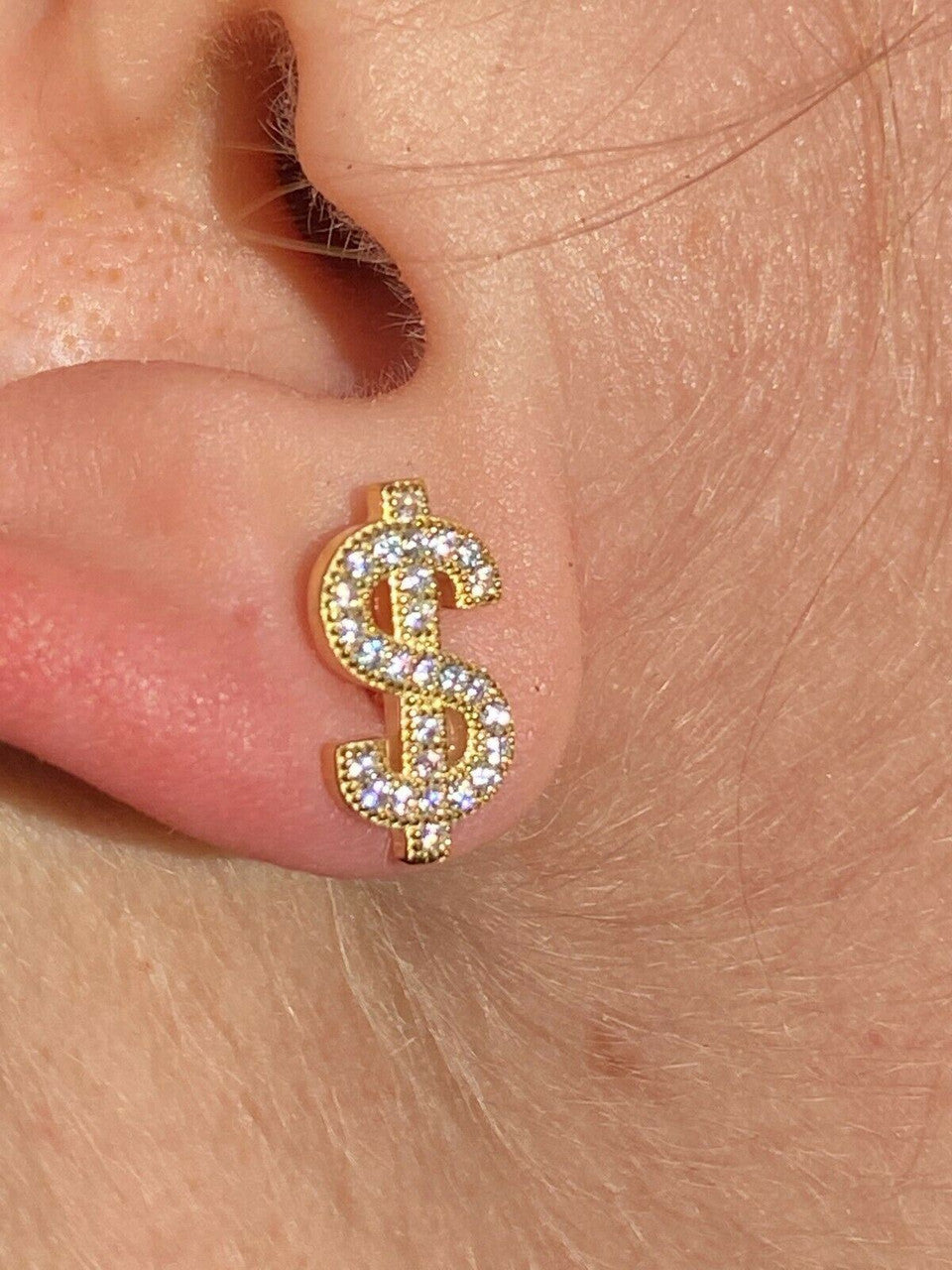 HarlemBling Real 925 Sterling Silver 14k Gold Men Ladies Dollar Sign dollar Earrings Studs Iced